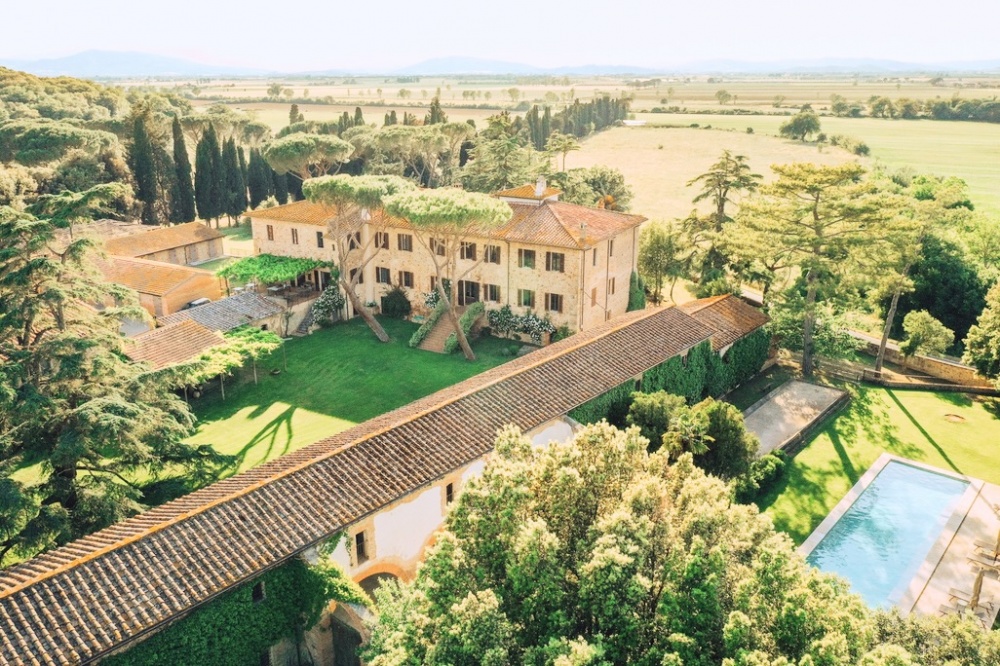 Aerial view of charming Wedding Farm Resort in Maremma