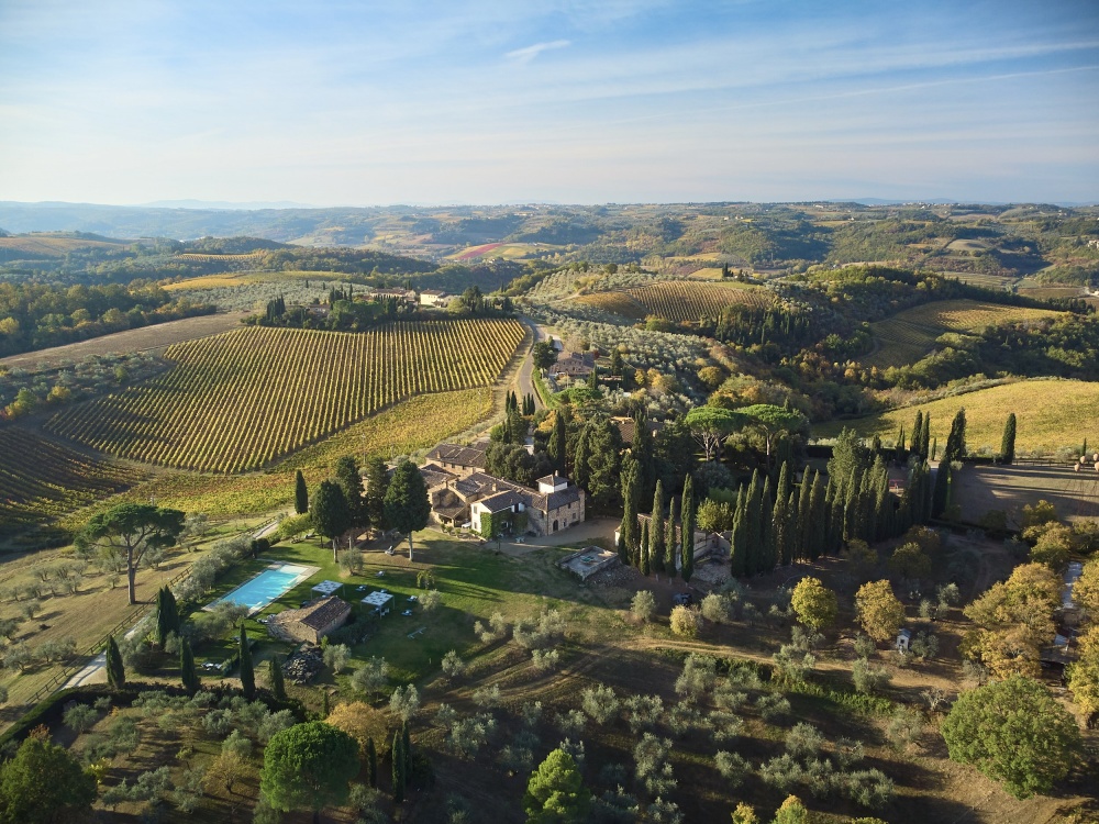Aerial view of the rolling hills at wedding farmhouse in Tuscany