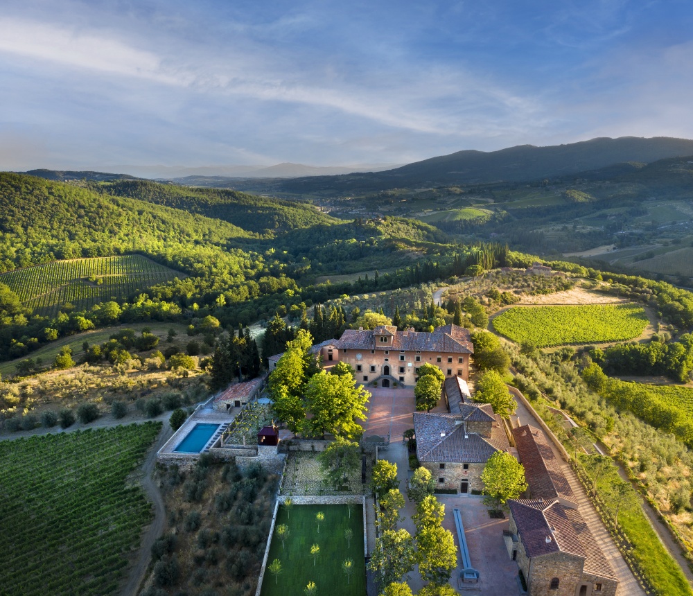 Aerial view of wedding villa with view in Chianti