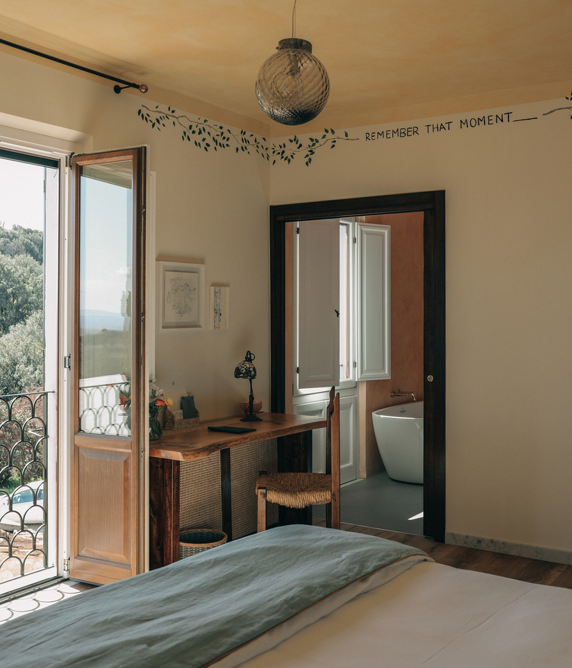 Bedroom at organic farmhouse for weddings in Tuscany