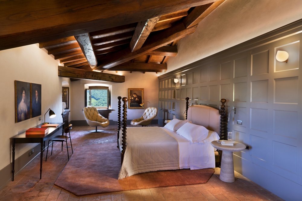 Bedroom of wedding villa with view in Chianti