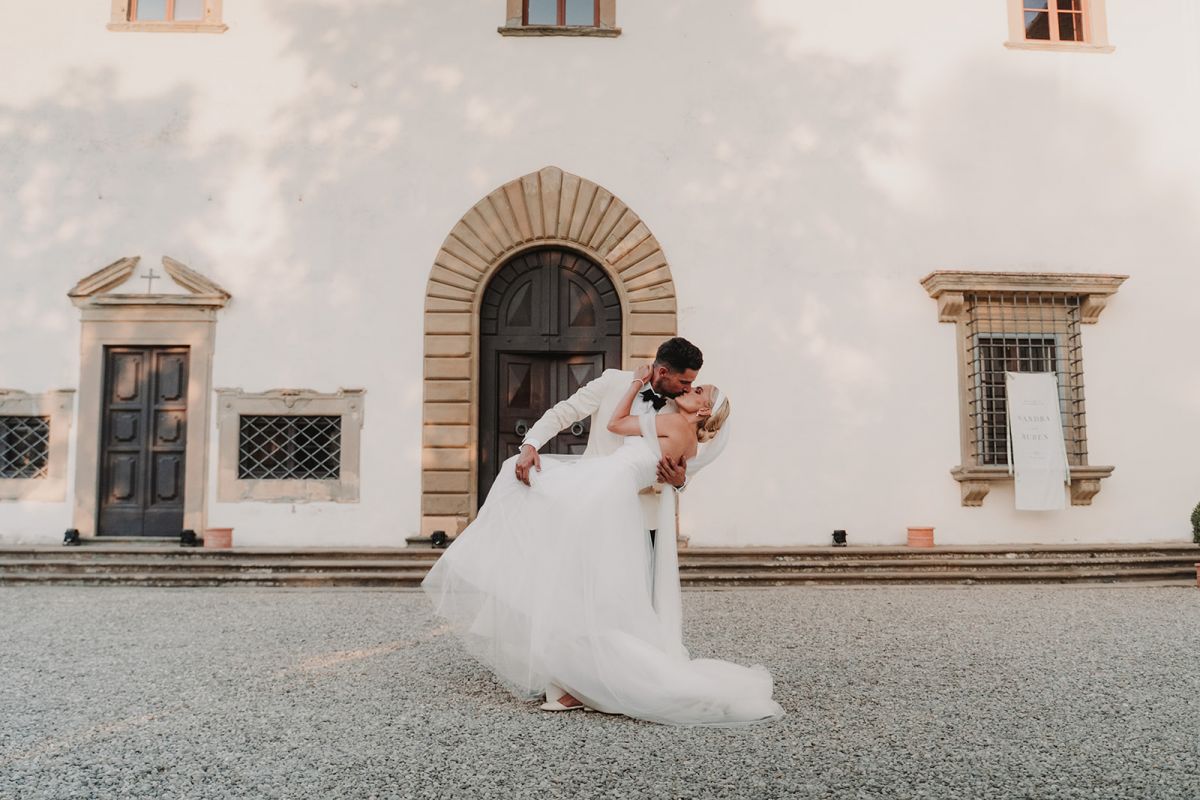 Bride and groom at the wedding villa in Florence with view