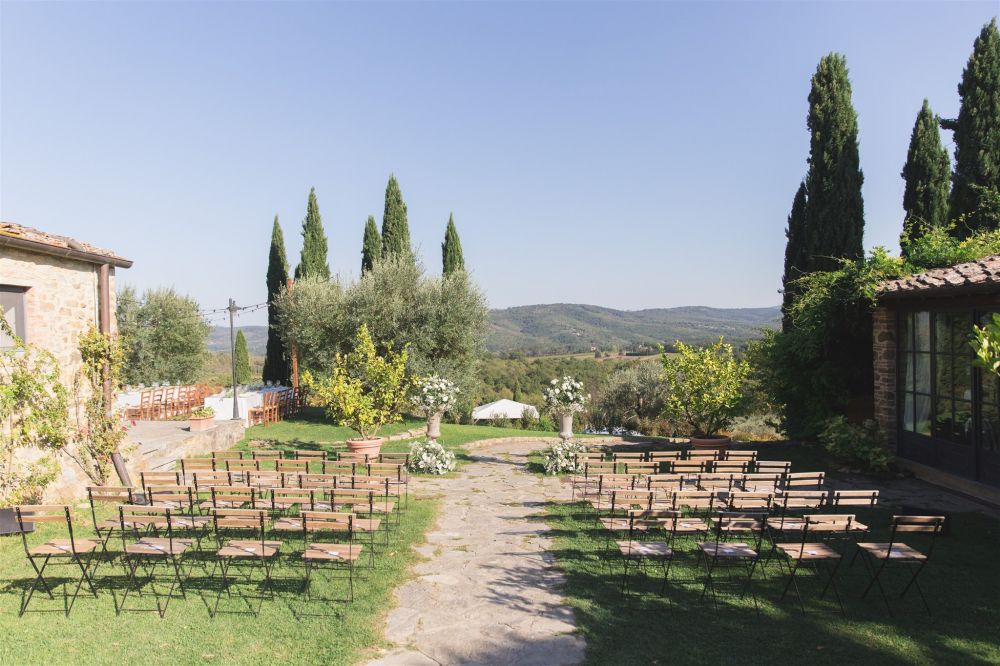 Ceremony with view at wedding hamlet in Siena