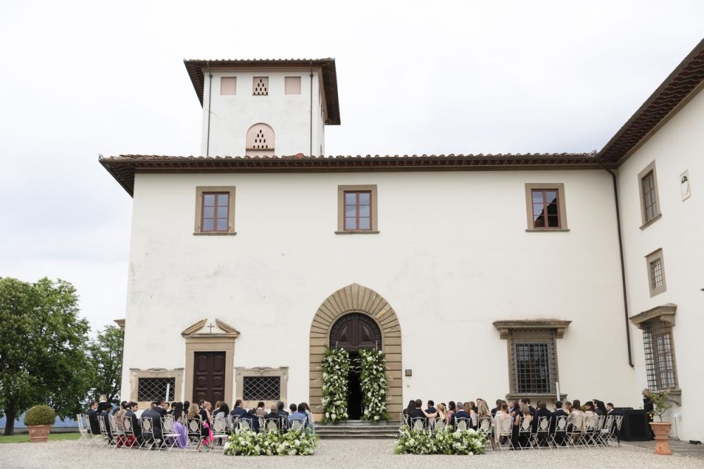 Ceremony at wedding villa in Florence with view
