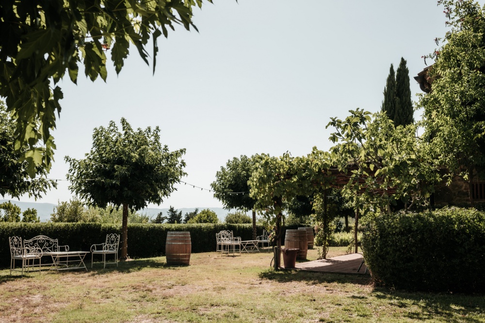 Cocktail hour at romantic wedding venue in Tuscany