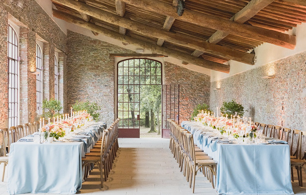 Dinner set up at villa in Lucca for wedding receptions