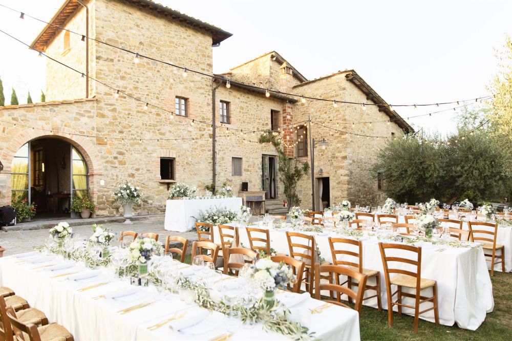 Dinner set up at wedding hamlet in Siena