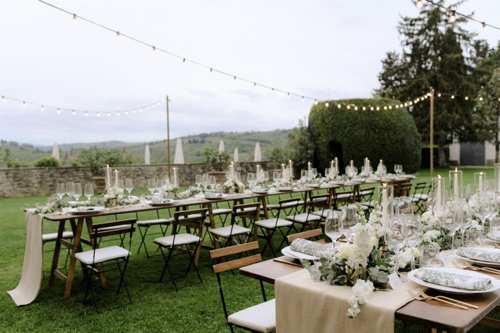 Dinner tables at luxury wedding castle in Chianti