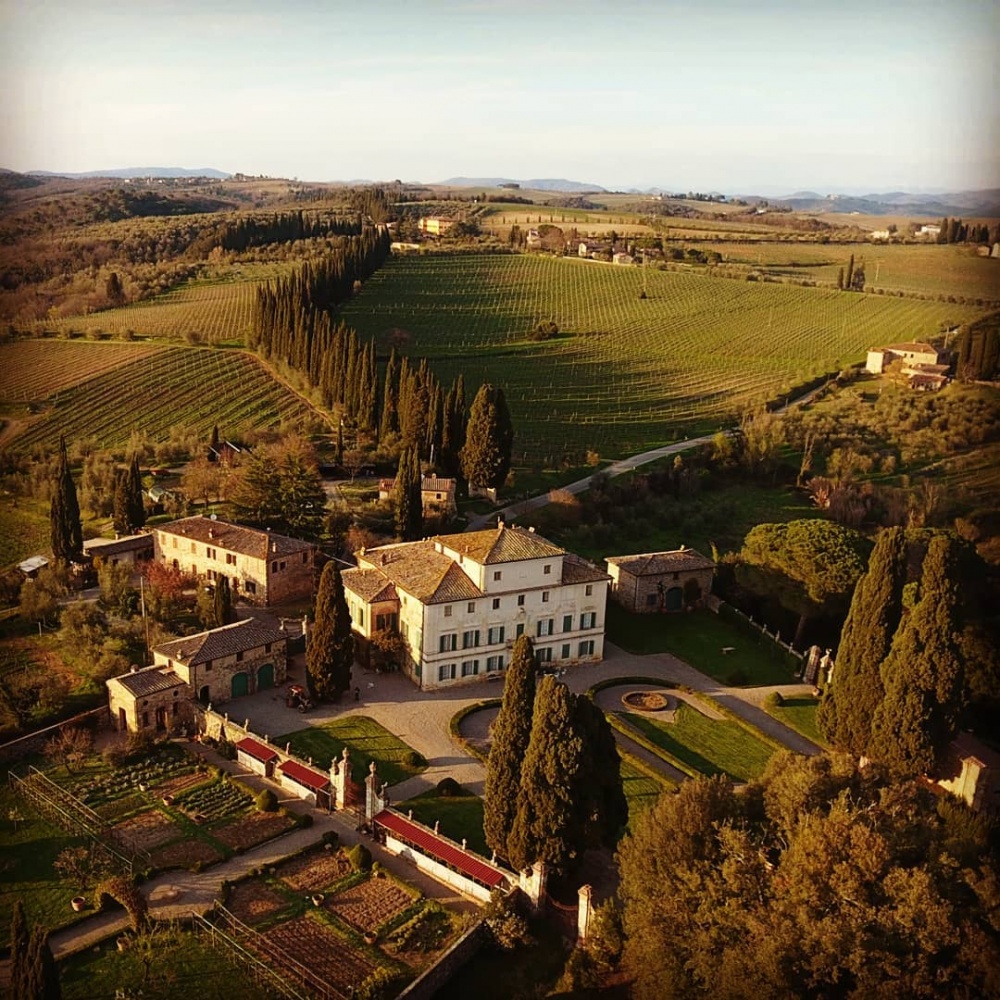 drone view elegant wedding villa in Siena