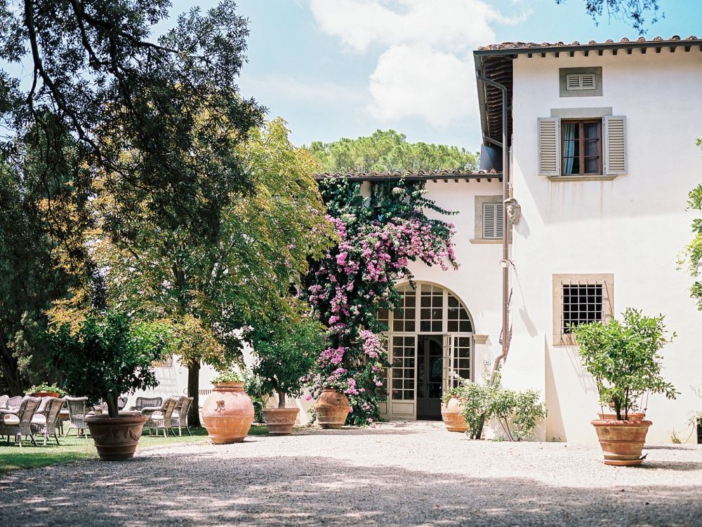 Facade with wisteria at the villa for wedding in Tuscany