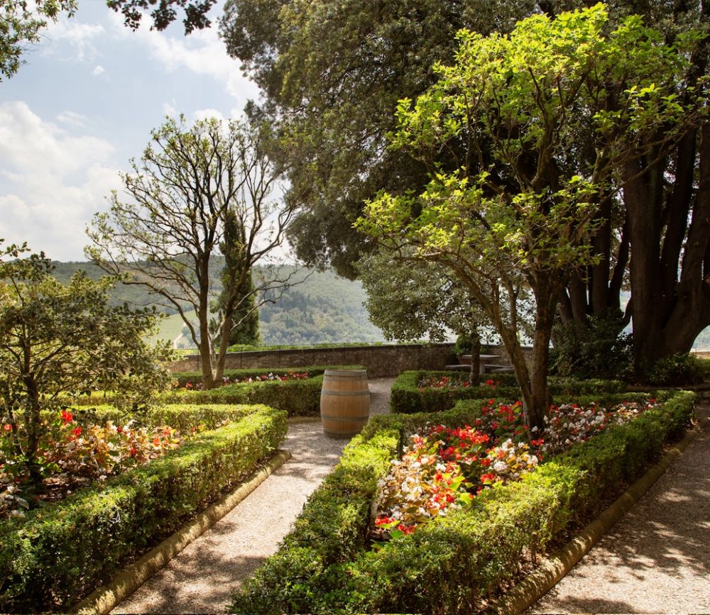 Garden with flowers at wedding castle in Chianti