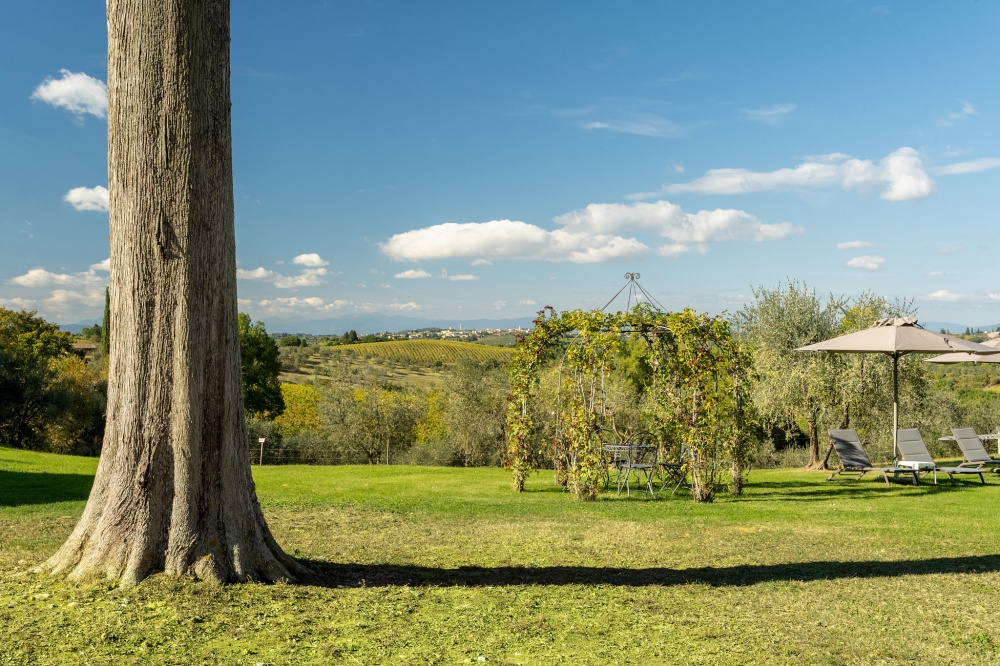 Garden with view of wedding farmhouse in Tuscany