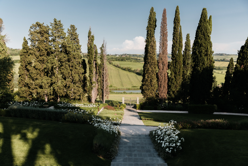 Gardens at elegant wedding villa in Tuscany