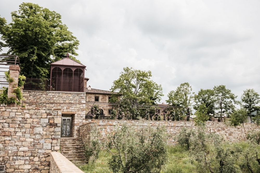 Gardens of wedding villa with view in Chianti