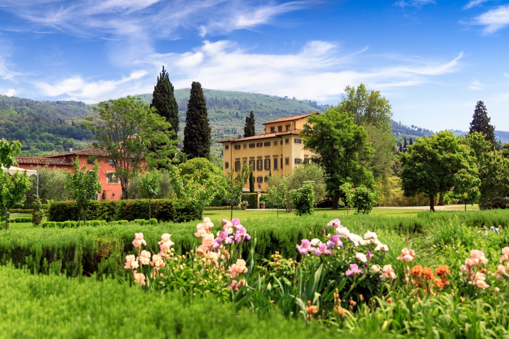 Iris garden and view of luxury wedding villa in Chianti