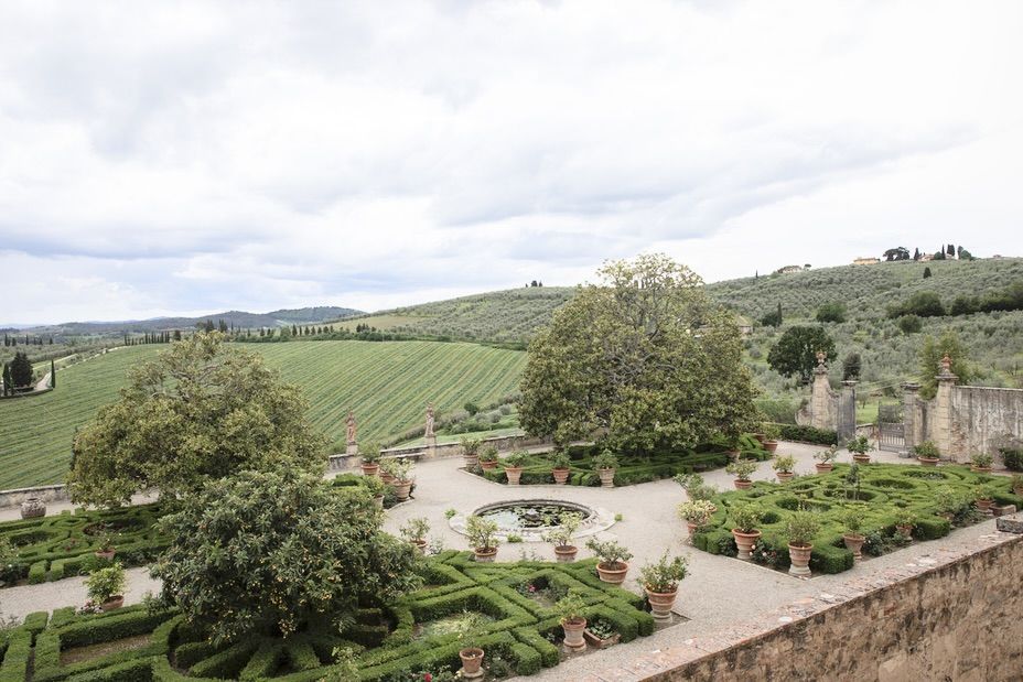 Italian garden at wedding villa in Florence with view