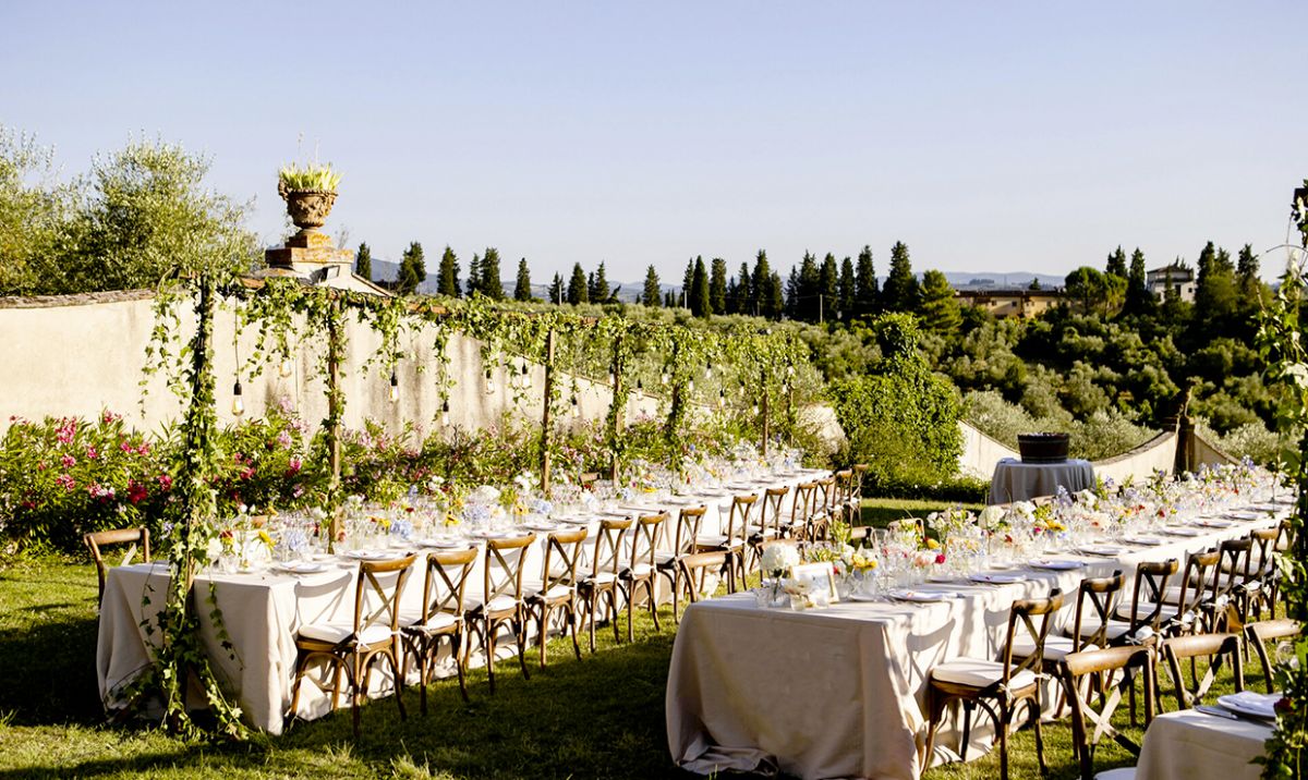 Long garden tables at the wedding rustic villa in Tuscany