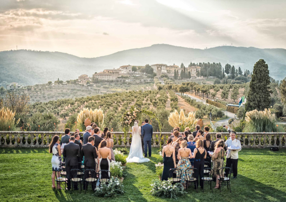 outdoor ceremony with a view over the tuscany landscape