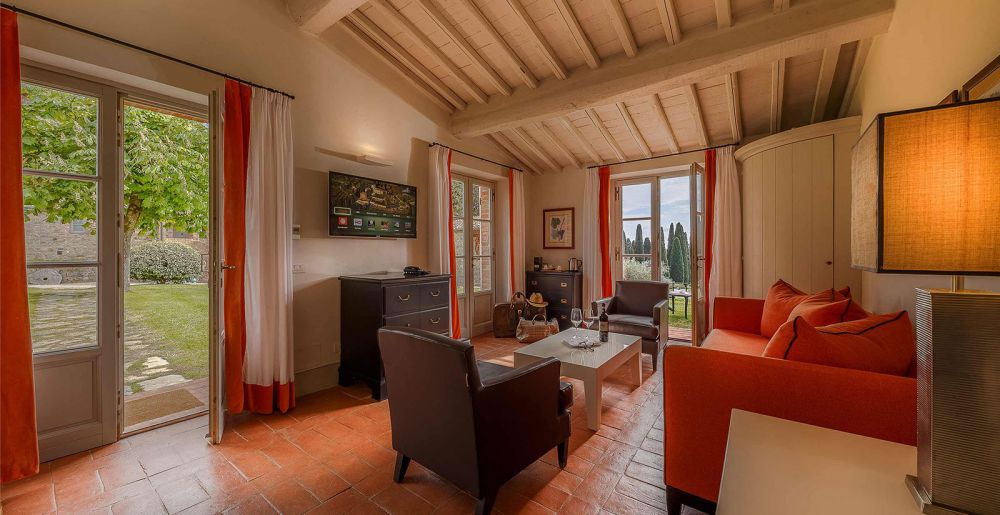 Relax area of bedroom at luxury wedding hamlet in Tuscany