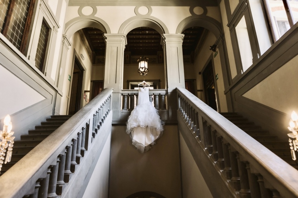Stairs with wedding dress at wedding villa in Florence