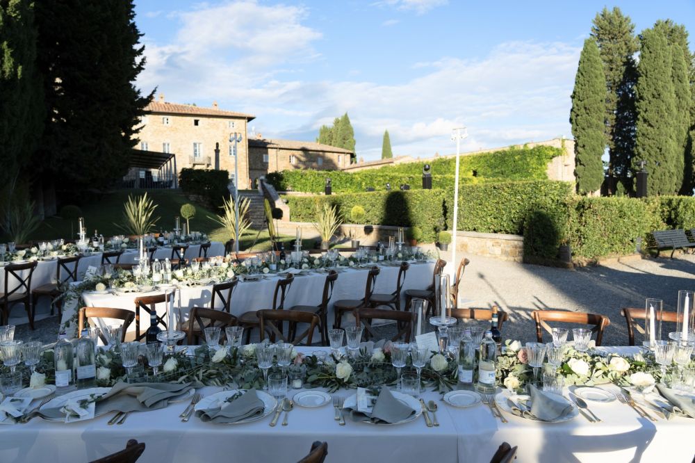 Tables with decor at luxury wedding hamlet in Tuscany