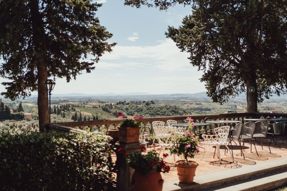 Terrace with view at romantic villa in Tuscany