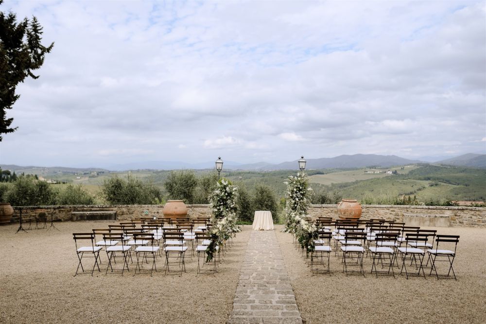 View of ceremony at luxury wedding castle in Chianti