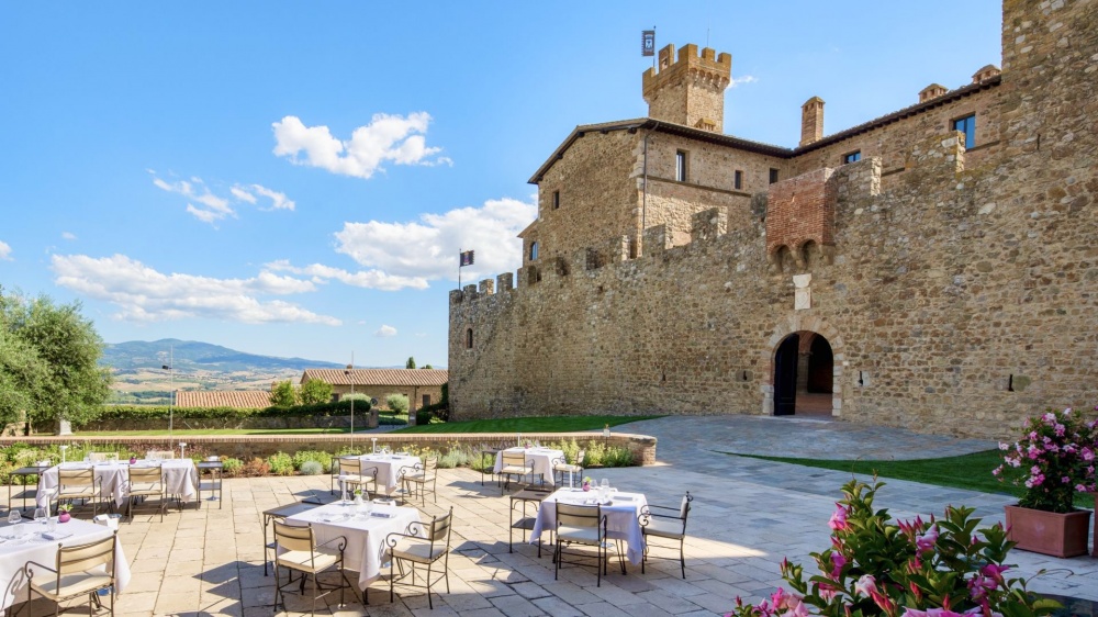 View of the castle facade at wedding venue in Tuscany