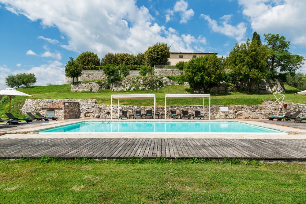 View from the pool of the castle for weddings in Tuscany