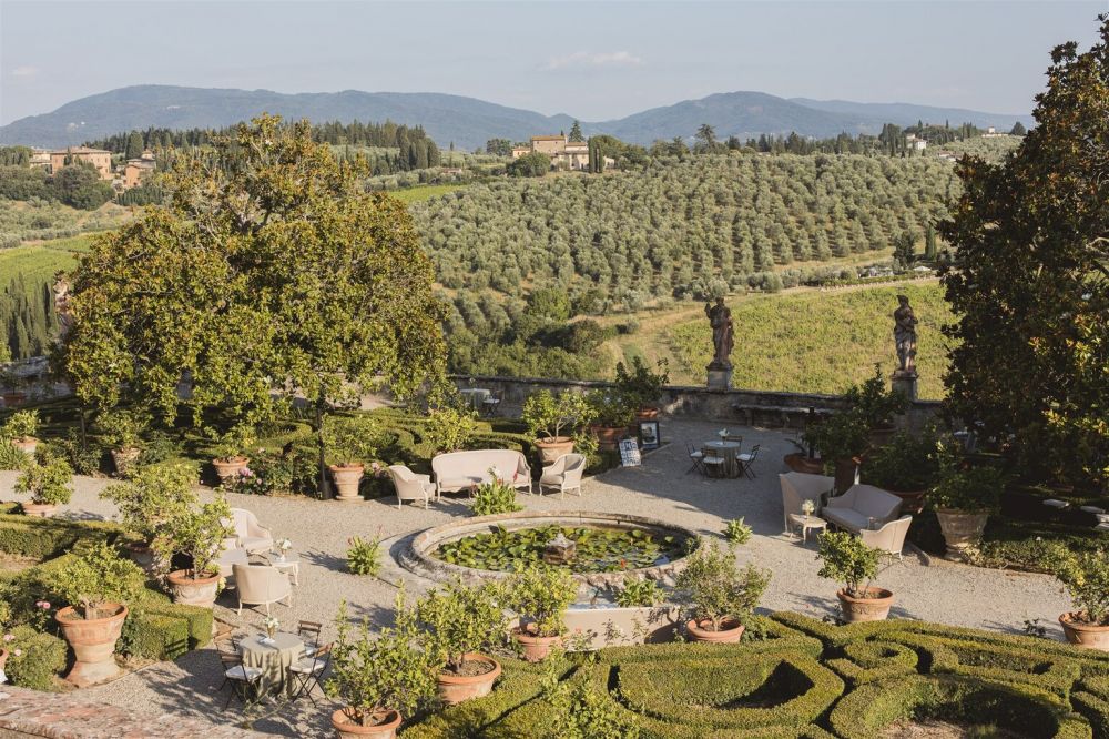 View of the Italian garden at wedding villa in Florence with view
