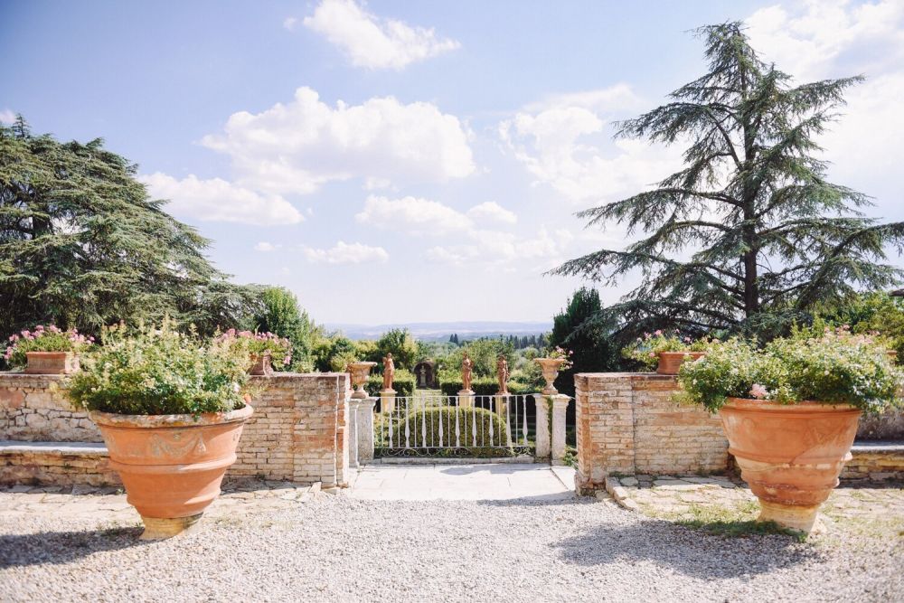 View of the Italian garden at the wedding villa in Siena