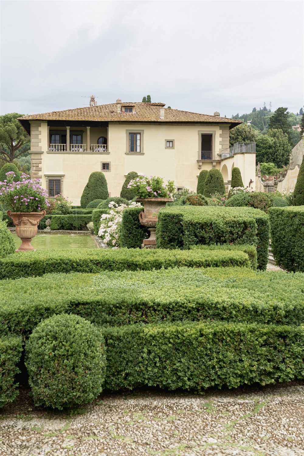 View of Tuscan villa from Italian garden