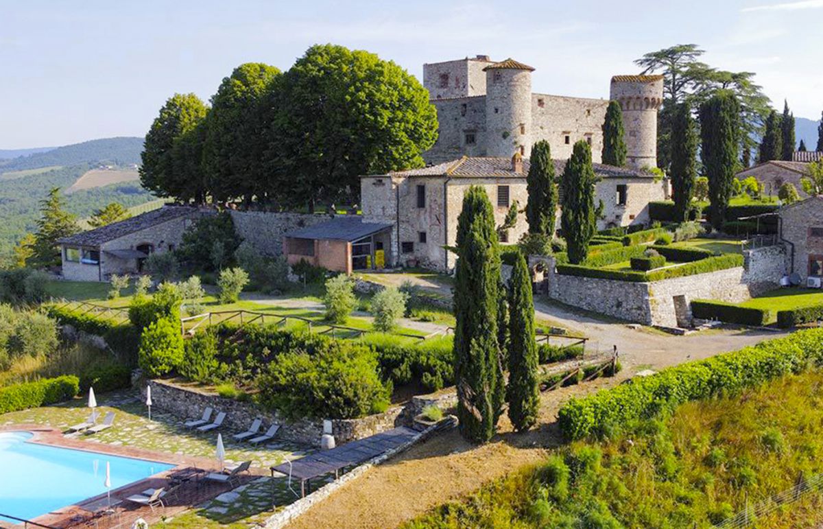 View of the pool at the Medieval castle in Tuscany