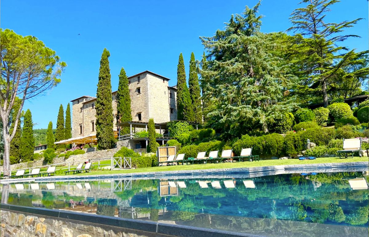 View of the pool at the wedding castle in Siena