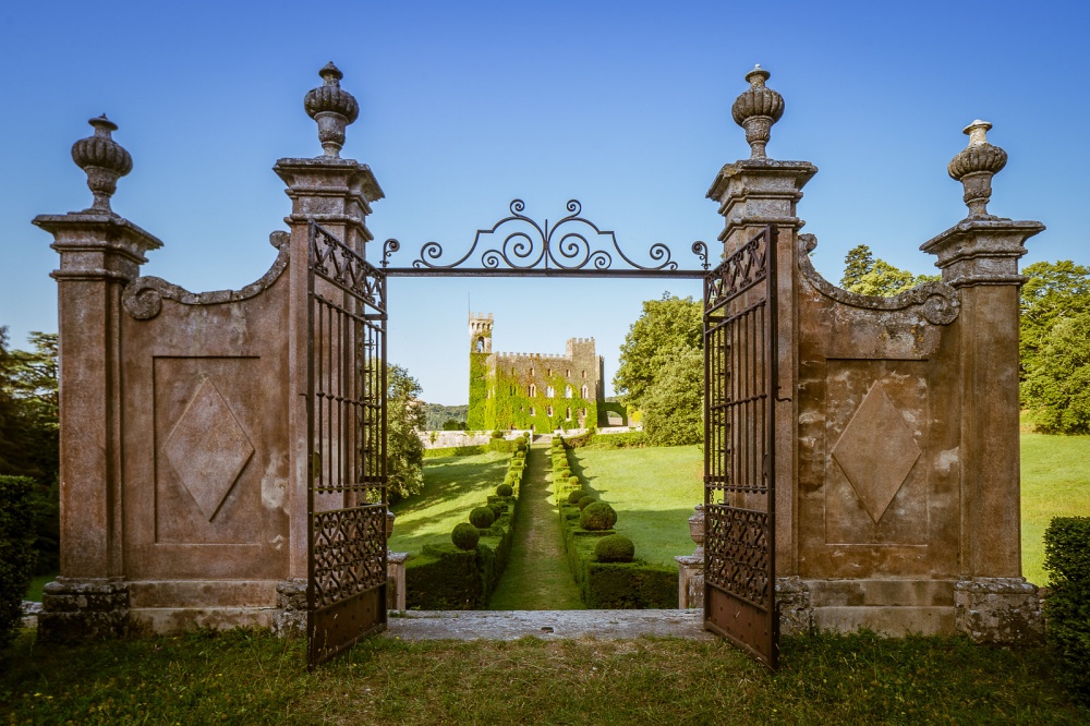 View of wedding luxury castle in Siena from the garden