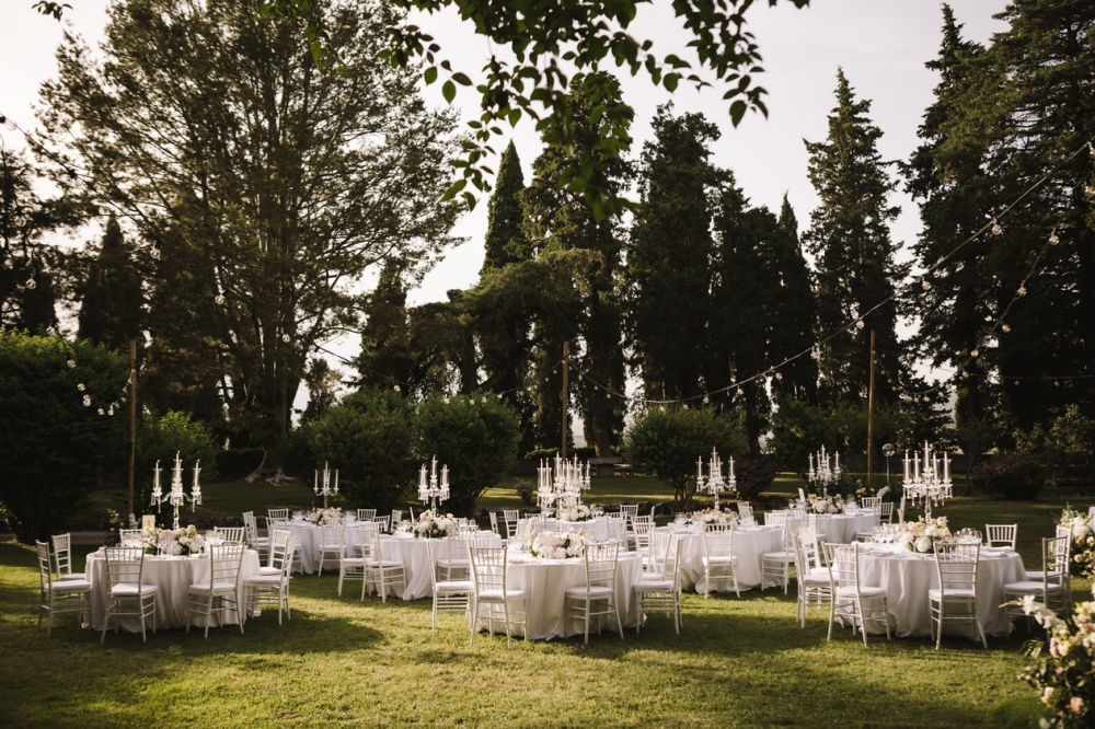 Wedding dinner in the garden at wedding villa in Florence